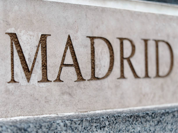 istock Madrid text engraved in the marble perspective view 1203556987