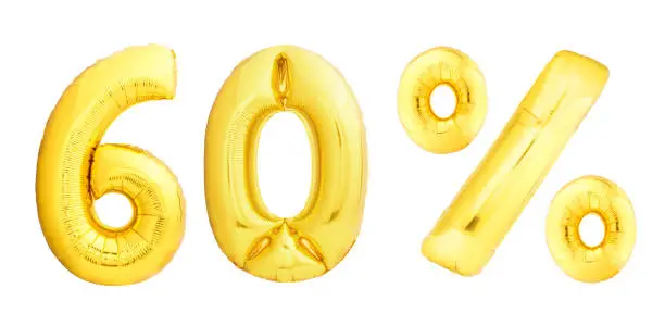 Photo of Golden number made of inflatable balloon isolated on white background. One of full number set