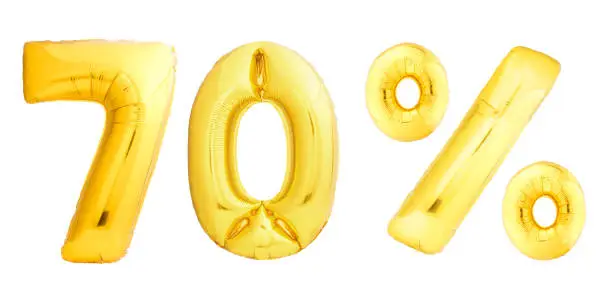Photo of Golden number made of inflatable balloon isolated on white background. One of full number set
