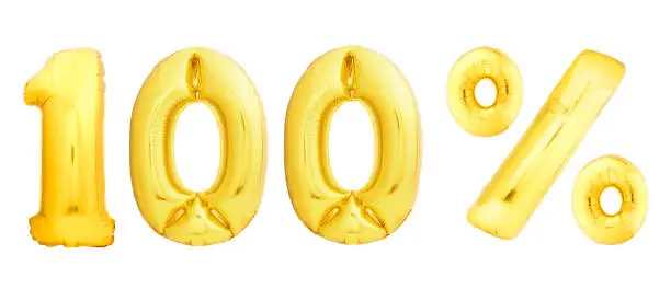 Photo of Golden number made of inflatable balloon isolated on white background. One of full number set