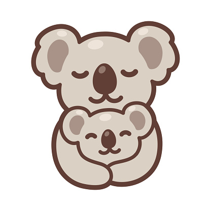 Cute cartoon koala mom hugging baby cub, sweet koalas family drawing. Simple vector clip art illustration, kawaii mascot or logo.