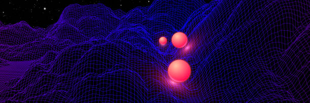 Landscape with wireframe grid of 80s styled retro computer game Landscape with wireframe grid of 80s styled retro computer game or science inspired background 3d structure with mysterious spheres and mountains or hills black light party stock illustrations