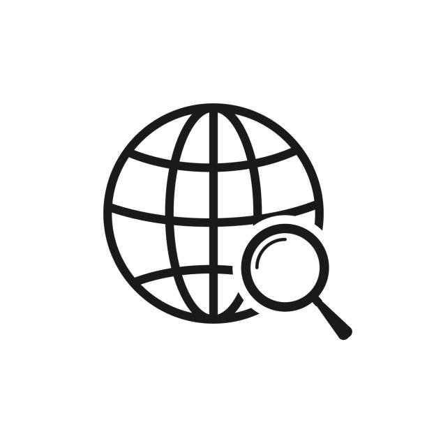 всемирная значок вектора поиска, глобус с увеличением на стекле - illustration and painting magnifying glass glass searching stock illustrations