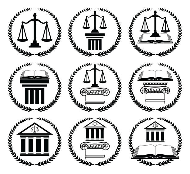 zestaw pieczęci prawniczej lub prawniczej - legal system scales of justice justice weight scale stock illustrations