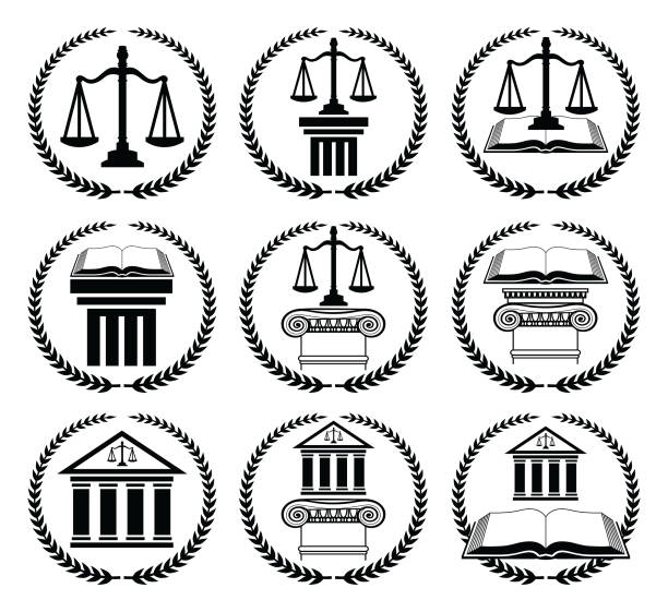 Law or Lawyer Seal Set is an illustration of 9 law or lawyer seal or emblem designs that include scales of justice, crest, law book, law building and architectural columns.