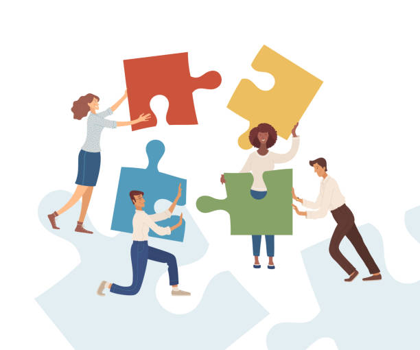 Businessmen and businesswomen with puzzles flat vector illustration Businessmen and businesswomen with puzzles flat vector illustration. Partnership, harmonious work. Business team, office managers, entrepreneurs cartoon characters isolated on blue background four people office stock illustrations