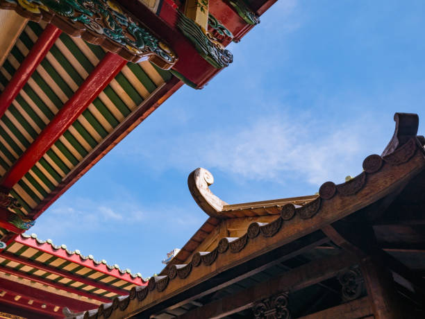 istock Chinese Temple Rooftop with blue sky 1203568145