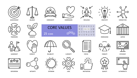 Vector set of core values icons with editable stroke. achievement, balance, compassion, community, creativity, curiosity, reliability, growth, honesty, influence, knowledge, leadership, teamwork