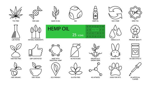 ilustrações de stock, clip art, desenhos animados e ícones de vector hemp oil icons. the set consists of 25 images with an editable stroke. thc free, non gmo, bio, 100% pure, lab tested, natural ingredients, premium quality, gmp certified, no pesticides, cruelty - fatty acid