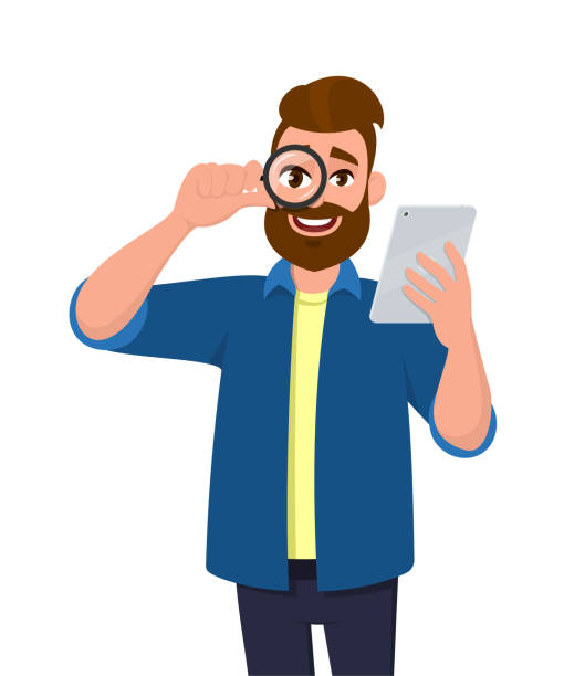 istock Bearded young man looking through magnifying glass or magnifier and holding a new tablet. Hipster person showing loupe. Male character illustration. Modern lifestyle concept in vector cartoon style. 1203569821