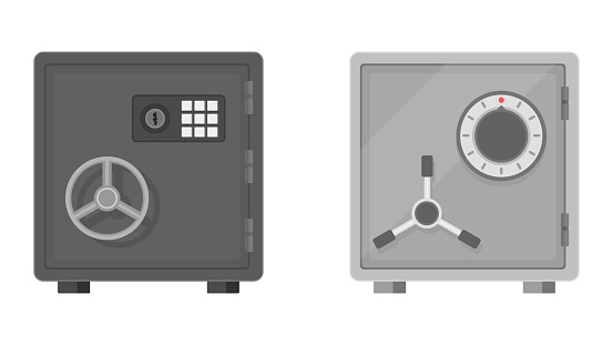 Flat vector illustration of a safe icon front view on white background. Safe for money with combination and mechanical lock. Equipment for the safe storage of money. Protection, guarantee of bank deposits.