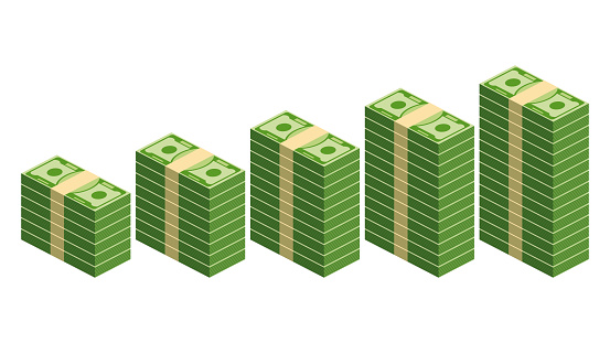 Five stacks of paper money in ascending order on white background. Packing in bundles of bank notes. Flat vector illustration. Success in business and commerce. Investment, growth of revenue, wage, rising prices.