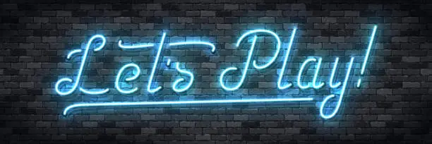 Vector illustration of Vector realistic isolated neon sign of Let's Play typography logo for template decoration and covering on the wall background. Concept of gaming.