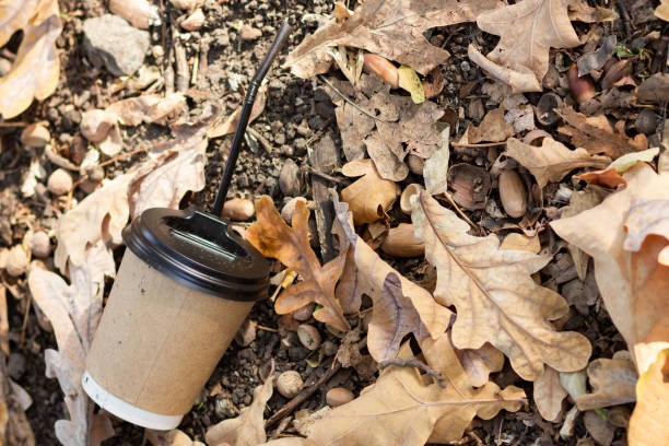 istock Paper coffee cup with plastic lid on the ground. Discarded disposable coffee cup with a plastic lid. Empty single use paper coffee cup 1203571098