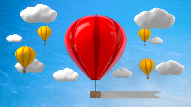 3D Rendering, Red hot air balloons flying on sky with cloudy, leadership concept, blank empty space sign for copy.