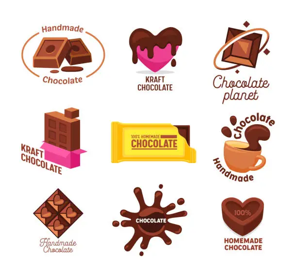 Vector illustration of Big Collection of Kraft Handmade and Homemade Chocolate Candies and Drink Logo Design. Different Shapes and Kinds of Choco Sweets Emblems in Cartoon Style and Isometric Projection Vector Illustration