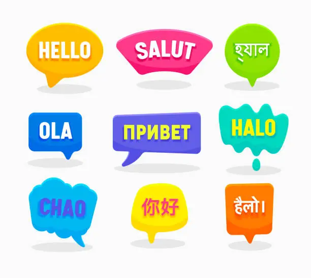 Vector illustration of Set Speech Bubbles Hello Word in Different Languages English Chinese Spanish Russian Bengali Hindi Indonesian French Italian Isolated on White Background. Colorful Labels, Icons Vector Illustration