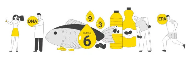 Vector illustration of Omega 3 6 9 Oils Concept. People Sportsmen Take Products and Vitamins with Polyunsaturated Fatty Acids, Natural Organic Food with High Level of Fats, Beauty Cartoon Flat Vector Illustration, Line Art