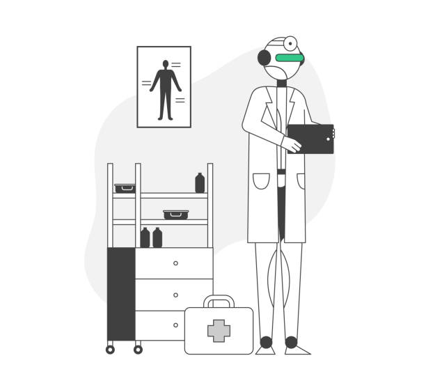 ilustraciones, imágenes clip art, dibujos animados e iconos de stock de concepto de medicina moderna. robot usando blanco médico robe doctor esperando paciente en el hospital. tratamiento de diagnóstico de tecnologías inteligentes de inteligencia artificial, ilustración de vectores planos de dibujos animados, arte de líne - automatics