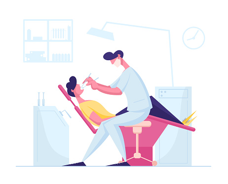 Man Patient Lying in Medical Chair in Stomatologist Cabinet with Equipment. Doctor Dentist Conducting Client Oral Check Up or Treatment Using Professional Instruments Cartoon Flat Vector Illustration