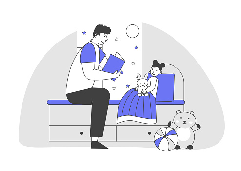 Single Father Reading Book Daughter Lying in Bed. Happy Family of Parent with Kid Spending Time at Home Together. Baby Girl Listening Dad. Sparetime, Leisure Cartoon Flat Vector Illustration, Line Art