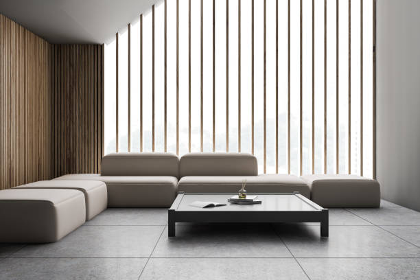 istock Gray attic living room interior with sofa 1203579228