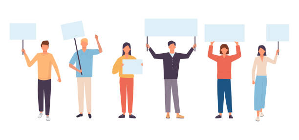 ilustrações de stock, clip art, desenhos animados e ícones de young protesting people holding banners and placards. male and female activists. flat cartoon vector illustration - placard women holding standing