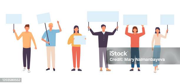 Young Protesting People Holding Banners And Placards Male And Female Activists Flat Cartoon Vector Illustration Stock Illustration - Download Image Now