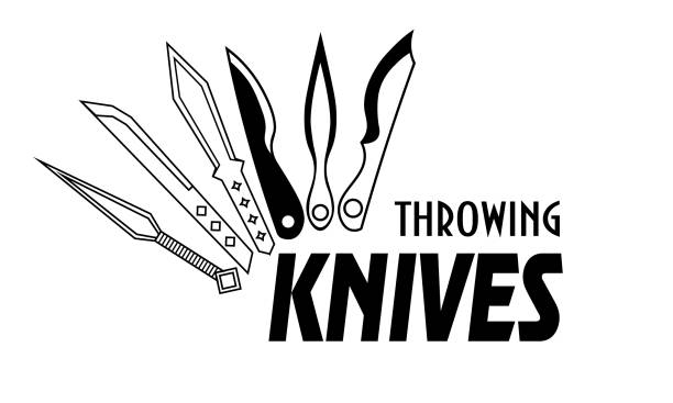 einfaches monochromes logo mit sechs verschiedenen wurfmessern - weapon dagger hunting hunter stock-grafiken, -clipart, -cartoons und -symbole