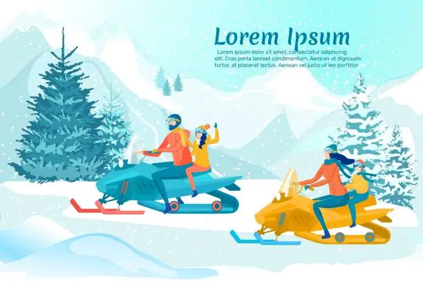 Vector illustration of Snowmobile Riders Having Fun in Winter Forest