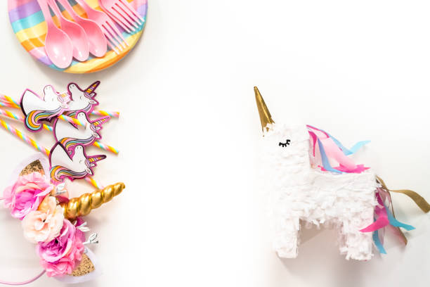 istock Objects for unicorn themed kids birthday party. 1203584944