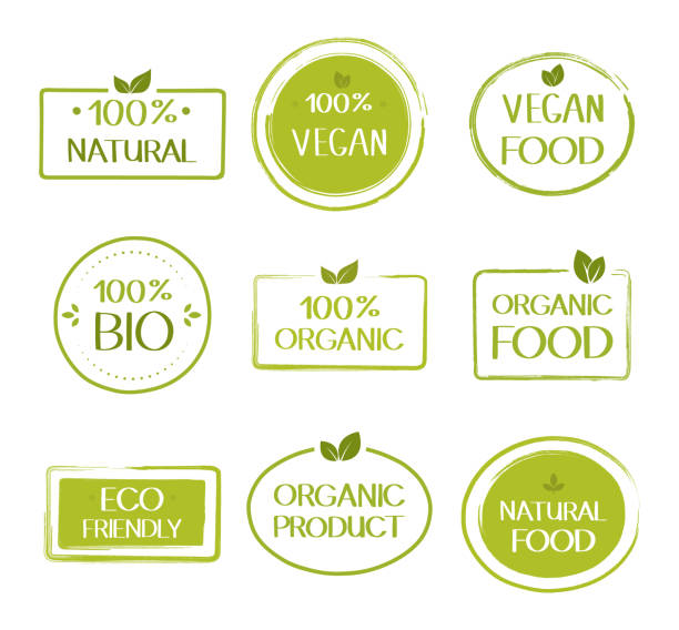 ilustraciones, imágenes clip art, dibujos animados e iconos de stock de etiquetas orgánicas de alimentos veganos saludables. colección de pegatinas de alimentos naturales, frescos y orgánicos. diseño gráfico vectorial - healthy eating backgrounds freshness luxury