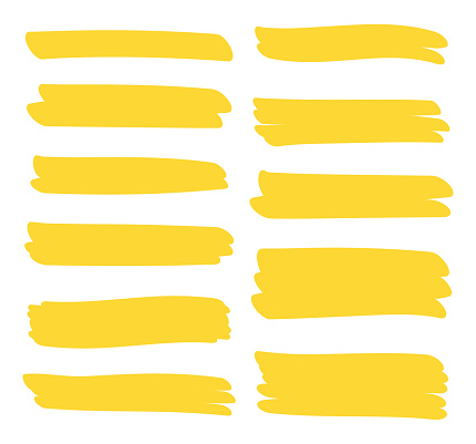 Set different yellow highlighter marker strokes. Brush pen underline lines. Vector illustration.