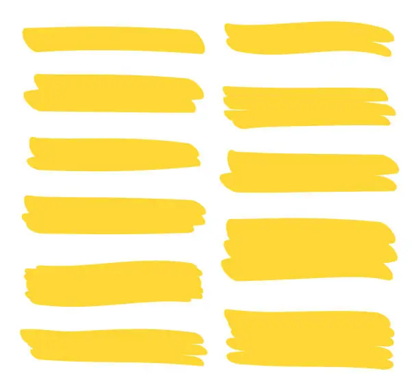 Vector illustration of Set different yellow highlighter marker strokes. Brush pen underline lines. Vector illustration