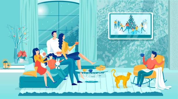ilustrações de stock, clip art, desenhos animados e ícones de happy family watching holidays show on tv-set - winter men joy leisure activity