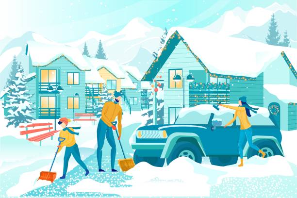 Boy Helping Parents to Remove Snow After Snowfall Removing Deep Snow After Snowfall. School Age Boy with Shovel Helping Parents to Clear Sidewalk in Front Their Two-Story Suburban House with Festive Decoration. Mom Clearing Car Roof with Brush. two-story-house stock illustrations