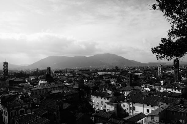 Monochrome photograph of the city of Lucca