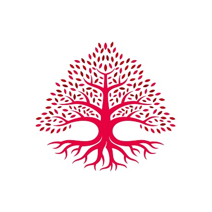 Vector Illustration Oak Tree Red Color Silhouette Style.