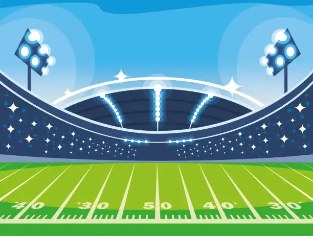 Vector illustration of football stadium with lights, soccer game american