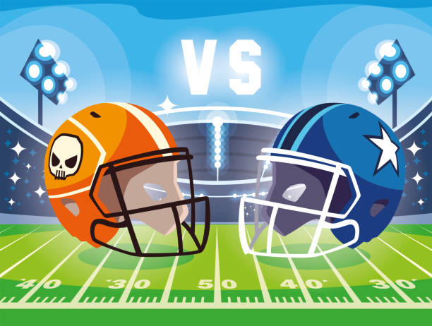 football stadium with helmets, championship game football stadium with helmets, championship game vector illustration design Touchdown stock illustrations