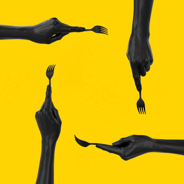 istock set of Black hands holding fork, top and side view 3d rendering. Abstract food eating concept banner. 1203594132