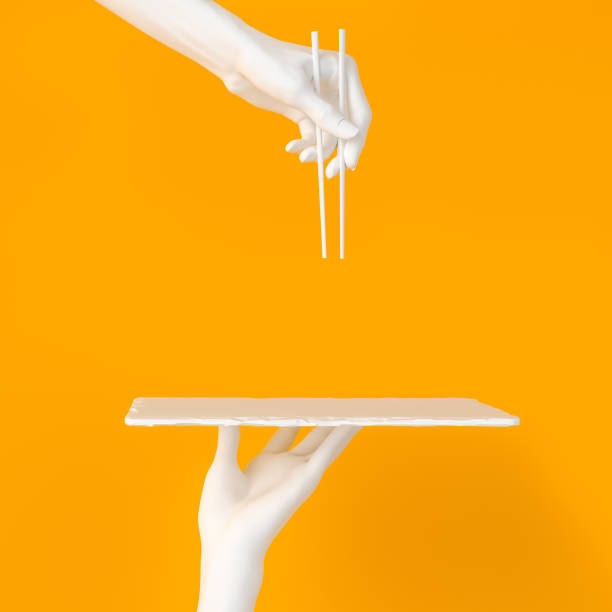 Abstract sushi bar concept background. White hands using chopsticks and sushi dish isolated on yellow, 3d illustration.