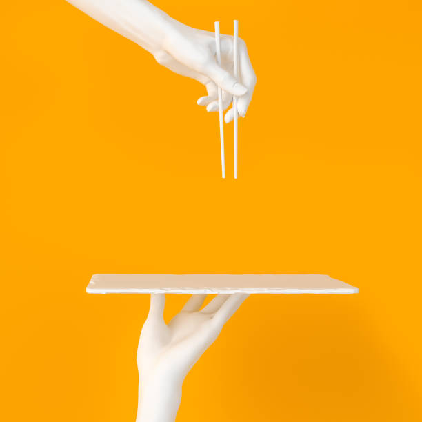 fundo conceitual abstrato do sushi bar. mãos brancas usando pauzinhos e prato de sushi isolado suspito em amarelo, ilustração 3d. - chopsticks human hand women isolated - fotografias e filmes do acervo