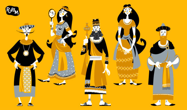 illustrazioni stock, clip art, cartoni animati e icone di tendenza di purim. festa ebraica. libro di personaggi ed eroi di esther: achashveirosh, mordechai, esther, haman, vashti. - hebrew script judaism jewish ethnicity book