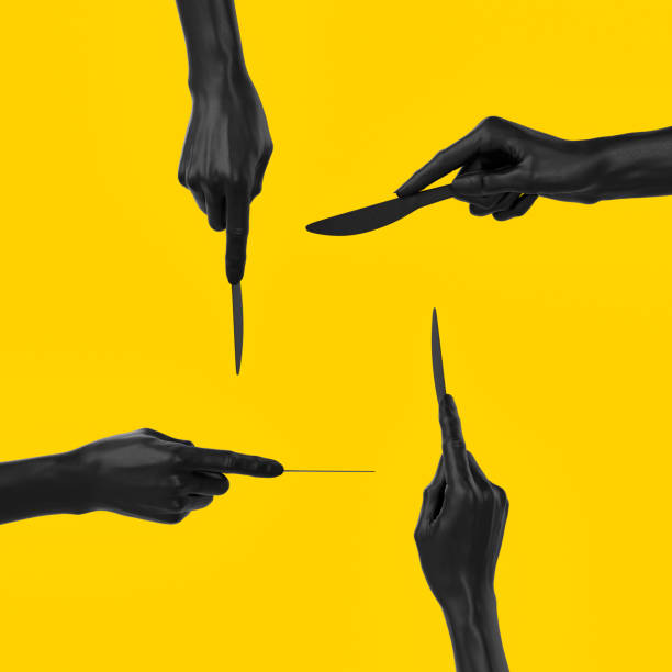 istock Black hands holding knife set, top and side view 3d rendering. Abstract food eating concept banner. 1203594408