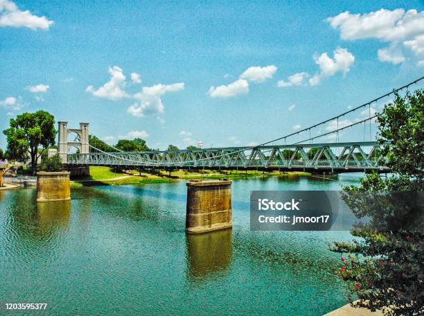 Waco Suspension Bridge Brazos River Stock Photo - Download Image Now - Waco, Texas, River