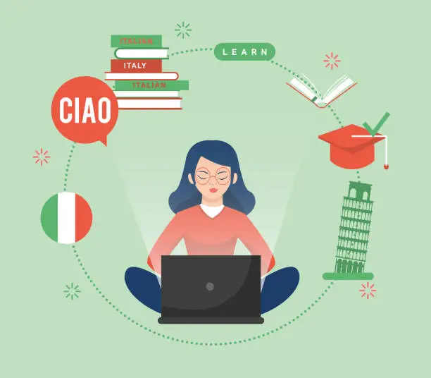 Vector illustration of Vector illustration. Character studying italian language.