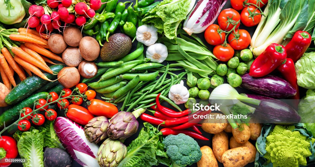 Food background with assortment of fresh organic vegetables Panoramic food background with assortment of fresh organic vegetables Vegetable Stock Photo