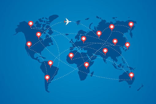 World map with destination marker pins and plane travel routs. Top view airplane with flight paths between continents vector blue eps illustration