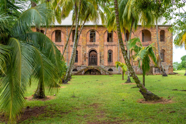 Interior of abandoned penal colony, Salvation's Islands, French Guiana stock photo